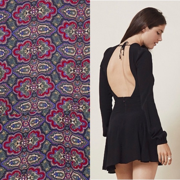 REFORMATION Paisley Crepe Long Sleeve Open Back Tie Neck Skater Mini Dress XXS - Picture 1 of 7